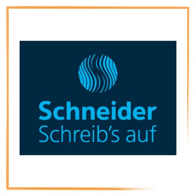 In orangen gerahmter Markenkachel das Logo der Firma Schneider. Das Logo hat einen sehr dunkelblauen Hintergrund. Mittig ein Kreis in senkrechter Wellenoptik mit unterschiedlicher Wellendicke in hellerem Blau. Der Firmenname Schneider in fetten Buchstaben