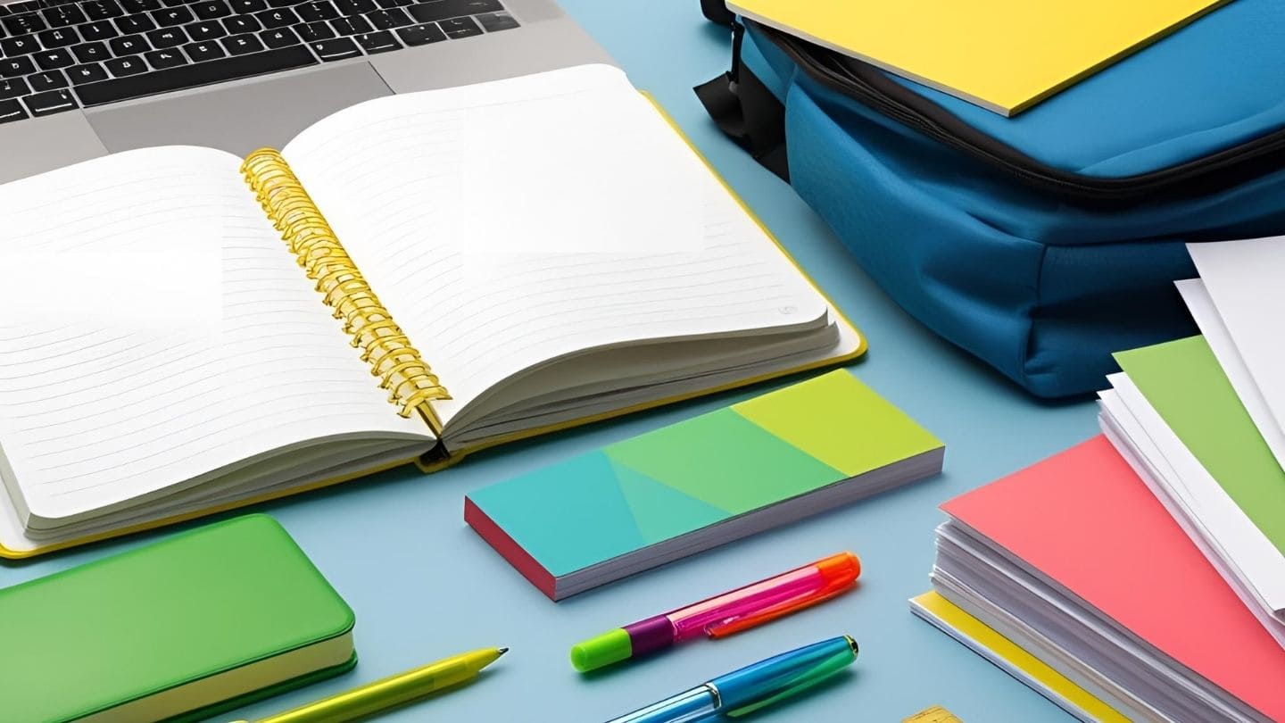 ordentlich arrangiertes Laptop und Rucksack im Anschnitt, sowie bunte Bloecke, Hefte und Stifte und ein Notizbuch auf einem hellblauen Tisch |KoenigPlus